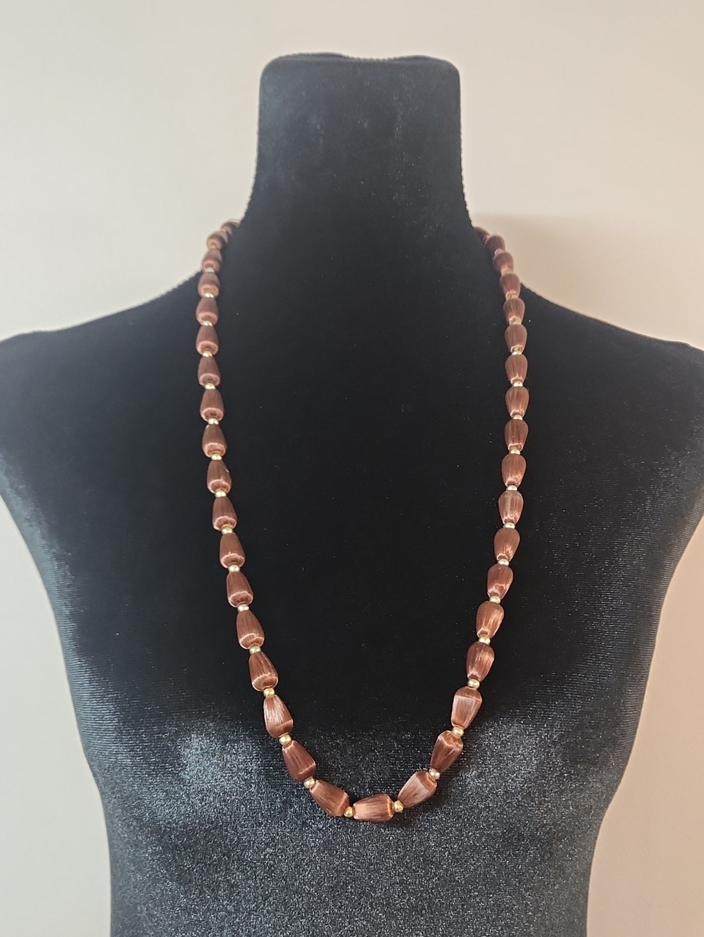 Vintage Brown Fabric Bead Necklace with Gold Accent - Women's Jewelry
